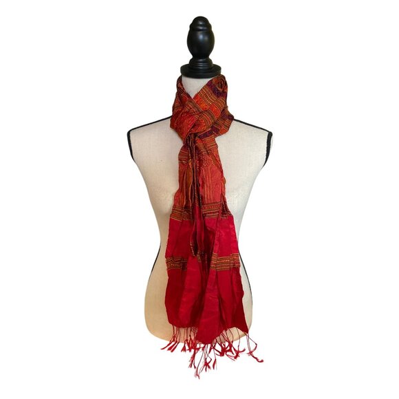 Womens Rectangle Scarf Handwoven Fringe Red Orange Striped Pattern Lightweight - Picture 1 of 6